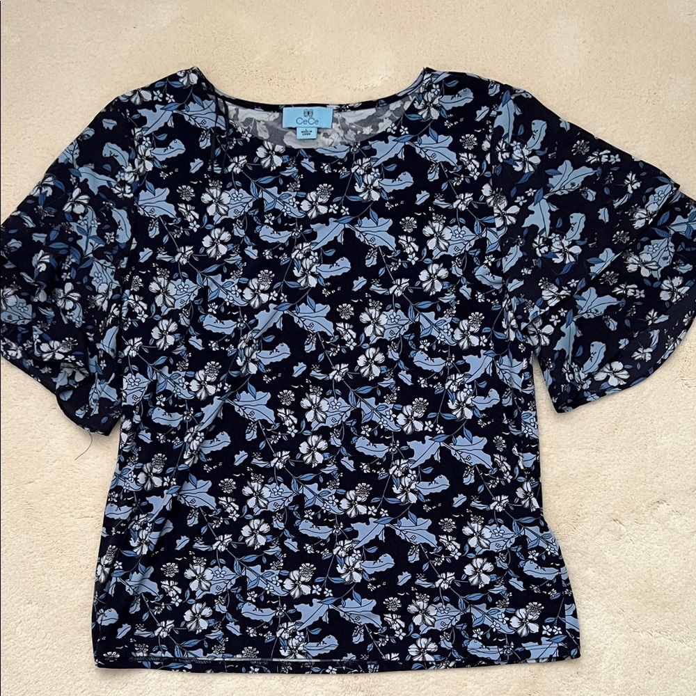 CeCe Dark Blue and Light Blue Floral Short Sleeve Top